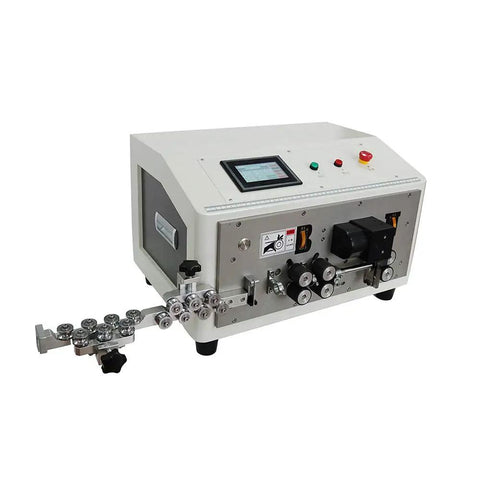 Automatic Wire Cutting And Stripping Machine With Touchscreen Panel and Quick Setup For Compact Cables, showing controls and wire feed.