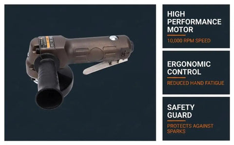 Badass Pneumatic Angle Grinder With 10000 Rpm Air Motor And 110Mm Disc For Fast Polishing Tasks, ergonomic handle, safety guard.