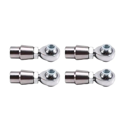 Heavy Duty 8 Piece Heim Joint Rod End Ball Bearing Kit With Spacers For Custom Drag Cars And Slick Street Rod Linkage Sweet Angular Flex And No Stress 5/8 Inch 18 Thread Fitment showing four silver coated alloy rod ends.