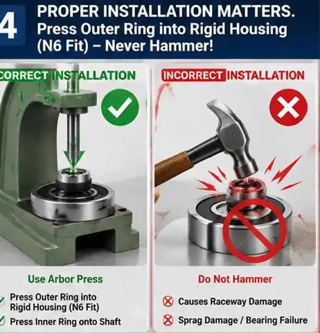 Proper installation guide for Heavy Duty Sprag Clutch Bearing One Way Freewheel, showing correct and incorrect methods.