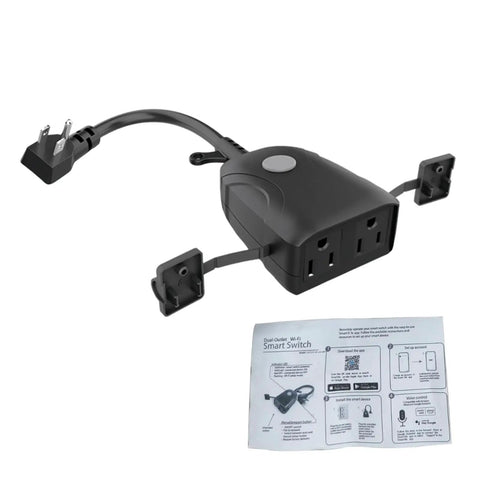 Outdoor Wireless Smart Plug With App Control And Remote Access Weather Resistant IP53 Design For Home Automation And Vacation Security Smooth Operation Hella Convenient Setup Zero Hassle Wiring Pure Gold Performance with dual outlets and instruction manual.