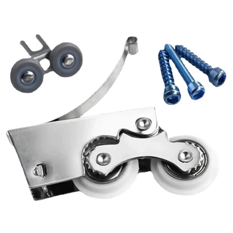 Six Pack Heavy Duty Double Wheel Door Pulleys With Slick As Butter Glide Action For No Hassle Sliding Glass Doors And Windows Quick Swap Wardrobe Track Glides Repair Kit includes a double wheel pulley and screws.