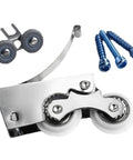 Six Piece Double Wheel Door Pulley Roller Replacement Kit for Gliding Sliding Patio Doors and Closet Tracks with steel wheel assembly and screws.