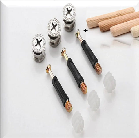 One Hundred Pack Heavy Duty Furniture Connector Kit With Rock Solid Zinc Cam Locks And Nylon Insert Nuts For RTA Cabinets Drawers And Beds Total Game Changer Build, showing cam locks, screws, and dowels.
