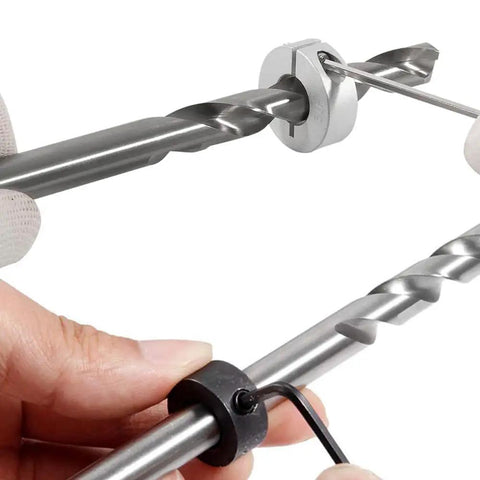 8 Pcs Drill Bit Stop Collar Set with split rings and M5 set screws being installed on drill bit