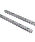 Top Shelf Heavy Duty Linear Guide Rail Kit Featuring Precision Ground Rails Matching Carriage Blocks And Super Smooth Bearing Action designed for CNC machines, 2 aluminum rails with green spacers.