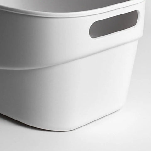Top Shelf White Plastic Storage Basket With Lidless Opening For Zero Fuss Organization And Straight Up Space Saving Efficiency Ideal For Cozy Living Room Or Bedroom Vibes, close-up view of smooth white plastic.