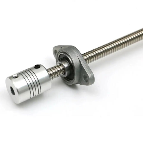 Top Tier T8 Lead Screw Horizontal Kit With 8mm Trapezoidal Thread And All Copper Nut Seat Perfect For Stepper Motors, 3D Printers, Engraving Machines And Industrial Automation Projects In A Wide Range Of Lengths From 200 To 800 Mm. T8 lead screw with aluminum coupler and flange bearing