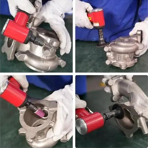 This Badass Pneumatic Air Angle Grinder Packs A Knockout 16000 Rpm Right Angle Die design being used on a metal workpiece for precision tasks.