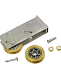 Heavy Duty Sliding Door Rollers With Double Stainless Steel Wheels And Precision Bearings For Shower Doors Closet Tracks And Patio Gliders, close-up view of stainless steel and brass components.
