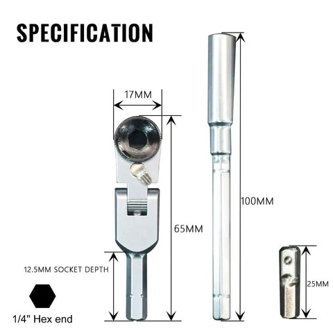 Heavy Duty Flex Head Ratchet Wrench With Hex Bit Extension And One Quarter Inch T Handle Ratchet Tool Including Socket Adapter Set Three Piece Pack dimensions and specifications on display.