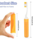 Hand holding orange Three Pack Travel Toothbrush Set With Soft Bristles, Ultra Compact Folding Toothbrushes With Protective Covers.