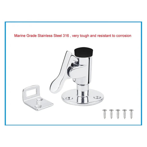 Marine Grade Stainless Steel 316 Door Stopper Kit With Rubber Bumper Pads Heavy Duty Spring Latch showing latch, base, and screws.