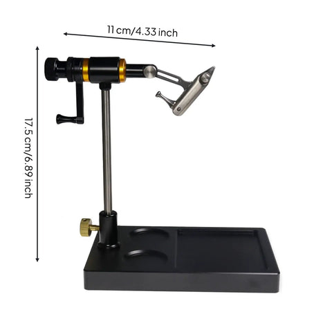 Adjustable Head Fly Tying Vise For Precise Hook Holding, Compact Desktop Bench Tool For Fly Tiers, Black Finish, Pro Grade Vise For Detailed Tying Projects. Black metal desk vise with 17.5 cm base and 11 cm arm