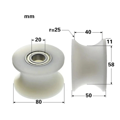 Premium Pair Of Slick Rolling Nylon Pulley Wheels With Robust Steel Bearings U Groove Design dimensions with measurements in mm