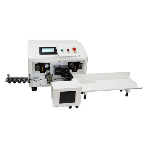 Top Tier Automatic Dual Line Wire Cutting Stripping Machine Featuring Smooth Operator Touch Panel Computerized Cable Processor with user-friendly interface.