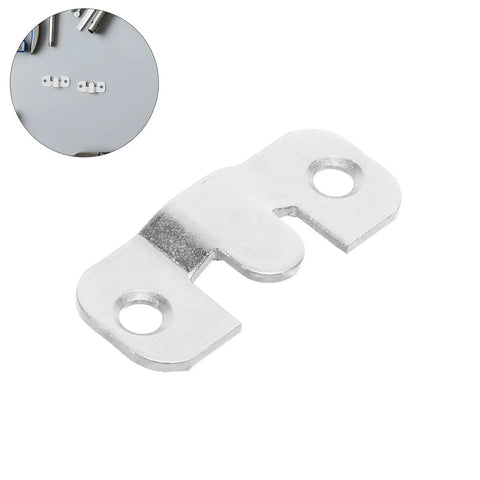 Heavy Duty Stainless Steel French Cleat Picture Frame Brackets 8 Pack With Mounting Screws close-up of metal bracket with holes for mounting.
