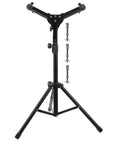 Built Tough Adjustable Snare Drum Rack Tripod Stand Featuring Foldable Black Alloy Practice Pad Holder with adjustable height.