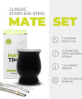 Level Up Your Daily Sip Routine With This Sleek Double Wall Stainless Steel Yerba Mate Cup Set Featuring Two Reliable Bombillas And A Hassle Free Cleaning Brush, showcasing a modern stainless steel mate cup with two bombillas.