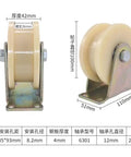 Two Piece Heavy Duty Nylon Pulley Roller Set With Double Ball Bearing Runs Slick H Groove Design Built Tough Track Wheel And Directional Sheave For Square Tube Systems 100 Millimeters side view of 100mm nylon pulley roller with metal base