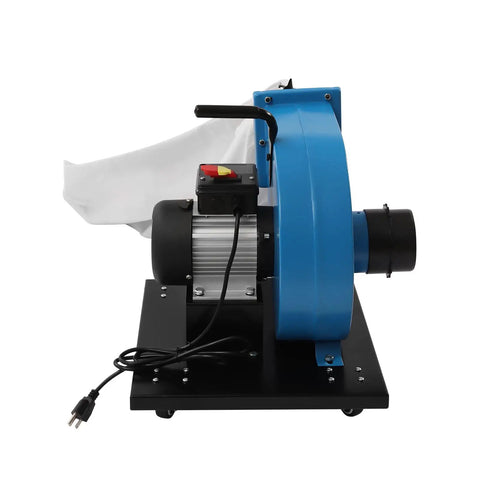 CCXYYFDJ 1HP Wall Mount Dust Collector With Wheeled Jet Base For Easy Mobility And Efficient Cleanup, side view showing motor and collection bag.