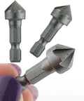 2 Pcs 90 Degree Countersink Drill Chamfer Bits With 1 Quarter Inch Hex Shank for woodworking and carpentry, close-up view.