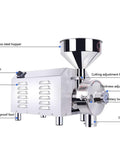 Powerful 1500W Electric Grain Mill Stainless Steel High Speed Grinder with labeled parts, mesh adjustable 50-300.