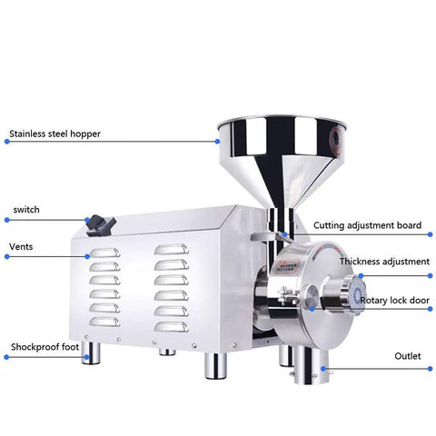 Powerful 1500W Electric Grain Mill Stainless Steel High Speed Grinder with labeled parts, mesh adjustable 50-300.
