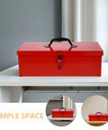 Slick Red Metal Toolbox Chest With Reinforced Carry Handle For Portable Gear Storage And Heavy Duty Tool Organization on a table.