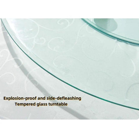 Game Changer Heavy Duty Lazy Susan For Large Round Dining Table With Thick Tempered Glass And Slick Rotating Turntable Tray close-up of tempered glass surface.