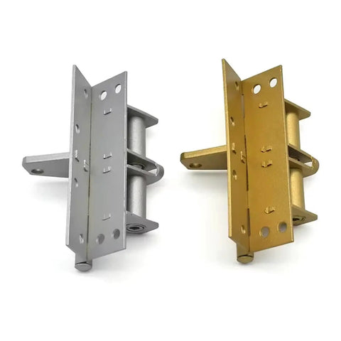 Gold and silver spring-loaded automatic door closer hidden hinge with spring assist for quiet operation, 1 piece visible.