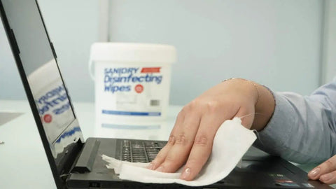 SaniDry Disinfecting Wipes 300 Count EPA Approved Unscented White Nonabrasive Multi Surface Cleaning Wipes For Health Facilities Schools Industrial And Household Use Kills 99.9 Percent Of Viruses And Bacteria Including SARS CoV 2 And Influenza used on laptop