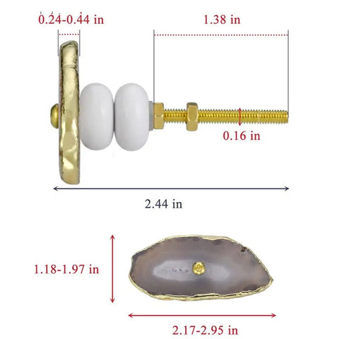 Top Shelf Agate Stone Cabinet Drawer Knobs With Slick Gold Plated Edges And Dope Decorative Texture Easy Screw In Hardware for modern use, shown with measurements.