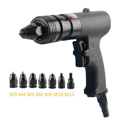 Straight Up Reliable Heavy Duty Adjustable Speed Pneumatic Rivet Nut Gun with Quick Swap Self Locking Tips and Built Tough Industrial Design