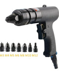 Heavy Duty Adjustable Pneumatic Rivet Nut Gun With Quick Swap Self Locking Snout And Thread Insert Puller For Sheet Metal Works Run Slick And Zero Hassle All Day Long with M3 to M12 tips.