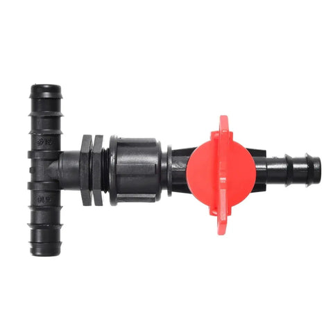 Durable 16mm And One Half Inch Garden Hose Splitter Tee Reducer Barb Connector With Tap Valve Three Way Fitting For Drip Irrigation System Ideal For Garden Mains And Lawn Care Outdoor Use Easy Install, black plastic tee splitter with red valve