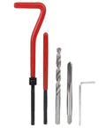 Close-up of tools from the M5 Thread Repair Insert Kit 25 Pieces in Transparent Organizer Box for Common Steel and Non Ferrous Alloys.