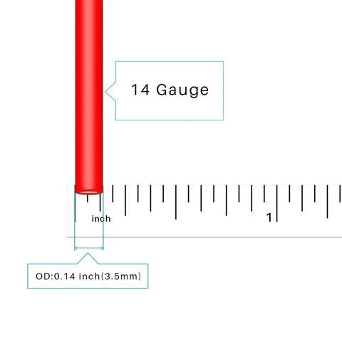 Close-up of red 14 Gauge Silicone Wire Kit with measurement scale, Flexible 14 AWG Stranded Tinned Copper Wire, 0.14 inch diameter.