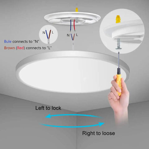 Installation guide for Ultra Thin 12 Inch LED Flush Mount Ceiling Light With 5000K Daylight White 24W 240W Equivalent No Dimming No Frills Easy Install Low Profile Fixture For Bathroom Kitchen Bedroom Living Room Porch Hallway 3200 Lumens, showing connection points and lock mechanism.