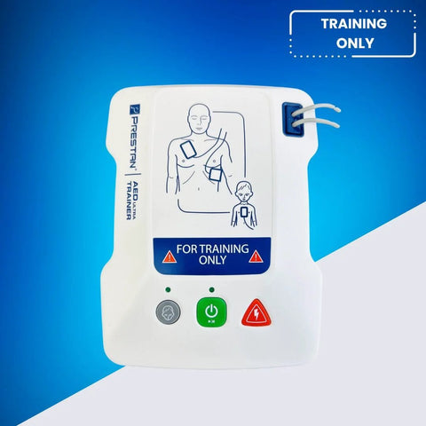 Training AED Ultratrainer white front view with chest diagram and FOR TRAINING ONLY badge, green power button