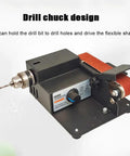 Pro Level Micro Belt Sander And Polisher No Hassle Stepless Speed Control Tough Metal Body High RPM Motor Shockproof Adjustable Base with drill chuck design.