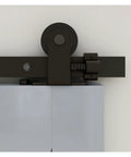 Extra Heavy Duty Industrial Barn Door Hardware Kit 15 FT Rail System showing smooth nylon wheels and T style rollers on a door.