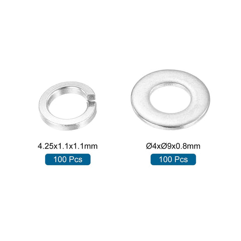 All In One M4 Stainless Steel Split Lock Washers And Flat Washers Kit 200 Pieces 304 Grade Rust Resistant Hardware Set For Home Repair Auto Maintenance And DIY Projects, M4 split lock and flat washers