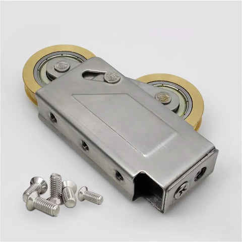 Heavy Duty Door Pulley And Sliding Roller Featuring Dual Copper Wheels Plus Precision Ball Bearings For Quiet Window And Patio Door Replacement Hardware That Works Like A Charm with screws.