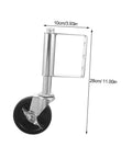 Heavy Duty Spring Loaded Gate Caster Wheel With Adjustable Tension For Smooth Rolling On Uneven Ground, measuring 10cm wide, 28cm tall.