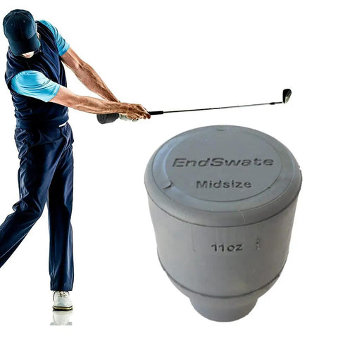 Golfer swinging with club beside 11oz counterweight swing training aid for midsize golf club grips to lock in natural swing mechanics