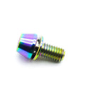Pack Of Five M5 X 10 mm Cone Point Hex Socket Grub Screws With A Dope Rainbow Anodized Coating And Bulletproof TC4 Titanium Construction For Easy Zero Sweat Installation, close-up view of a screw.