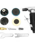 Badass 90 Degree Pneumatic Angle Grinder With Slick Ergonomic Comfort Grip And Tight 20000 RPM Air Die Tool For Serious Precision Work and its accessories including wheels and wrenches.