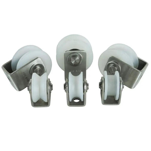 Heavy Duty Nylon V Groove Pulley Wheel With 304 Stainless Steel Bearings, three wheels showcasing smooth design for sliding doors.