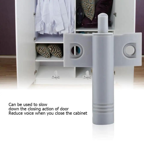 Twenty Piece Soft Close Damper Buffers For Cabinets And Drawers Hella Sturdy Abs Build Ultra Smooth Quiet Operation No Slamming Setup Gray mounted on a cabinet door.